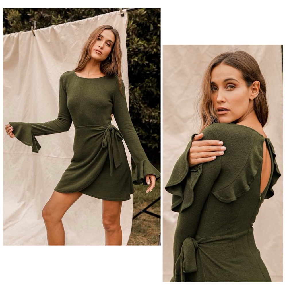 🆕 Lulus Favorite Tune Faux Wrap Sweater Dress in Olive Green - Picture 3 of 9